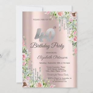 Invitación Purpurina Plata Drips Rosa Rosas de oro 40