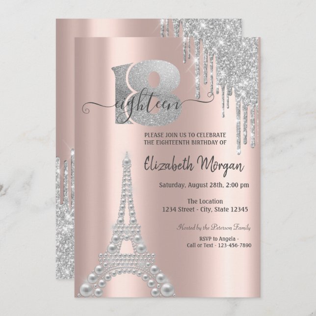 Invitación Purpurina Plata Drips Torre Eiffel 18 cumpleaños (Anverso / Reverso)