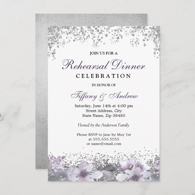 Invitación Purpurina Plata Ensayo Morado Floral Cena (Anverso / Reverso)