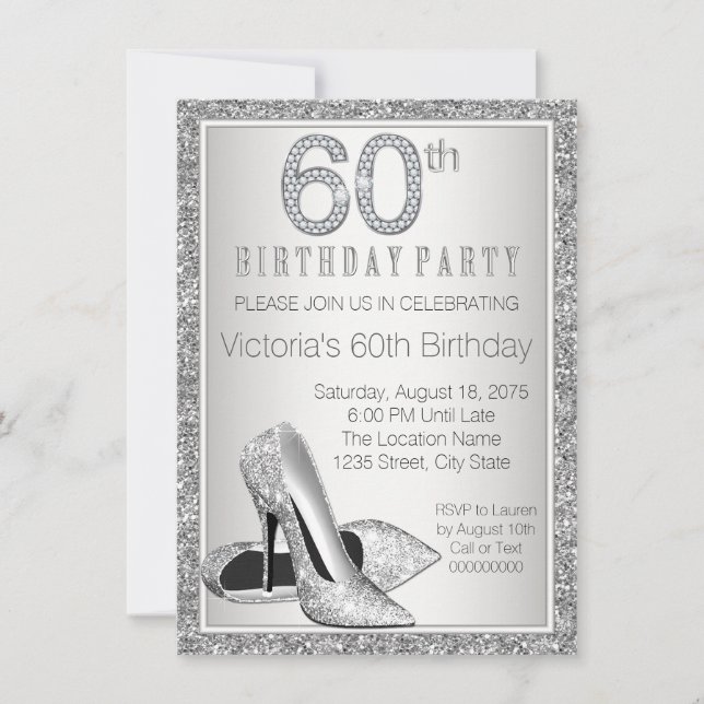 Invitación Purpurina Plata Femenina 60 Aniversario (Anverso)
