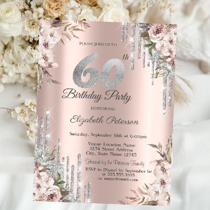 Invitación Purpurina Plata Floral Drips Rosa Oro 60