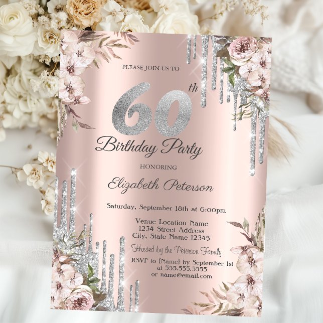 Invitación Purpurina Plata Floral Drips Rosa Oro 60 (Subido por el creador)