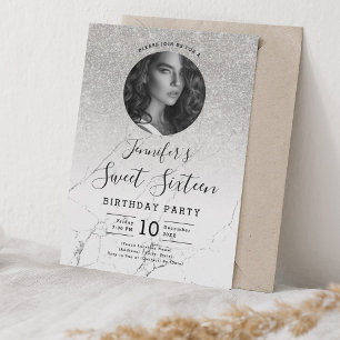 Invitación Purpurina Plata FOTO Mármol Dulce 16 Fiesta