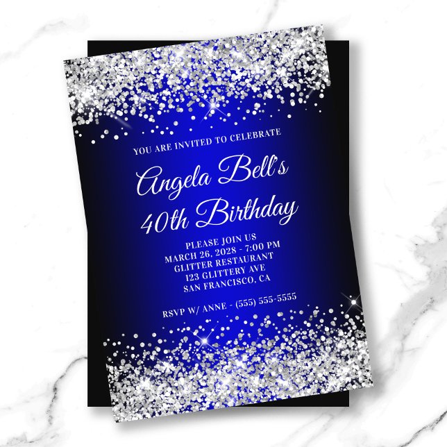 Invitación Purpurina Plata Gradiente azul negro 40 cumpleaños (Silver Glitter Black Blue Gradient 40th Birthday Invitation)