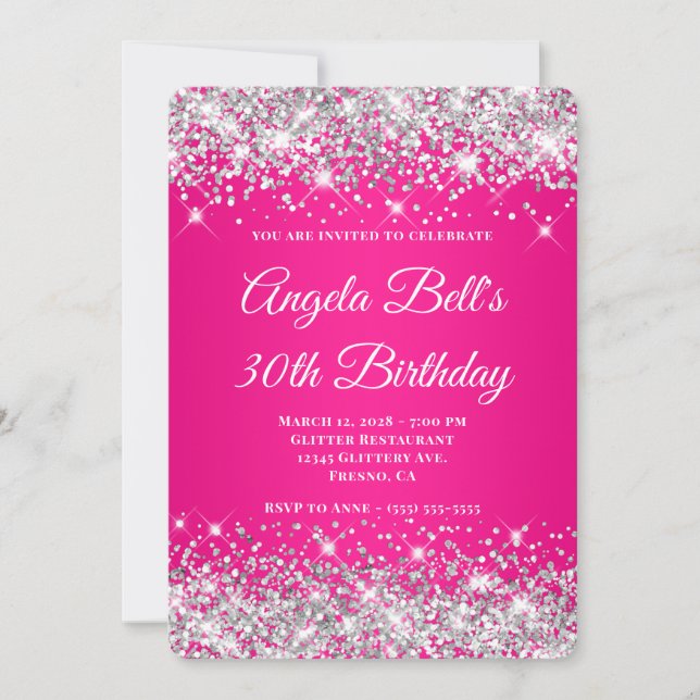 Invitación Purpurina Plata Gradiente rosa caliente 30 cumplea (Anverso)