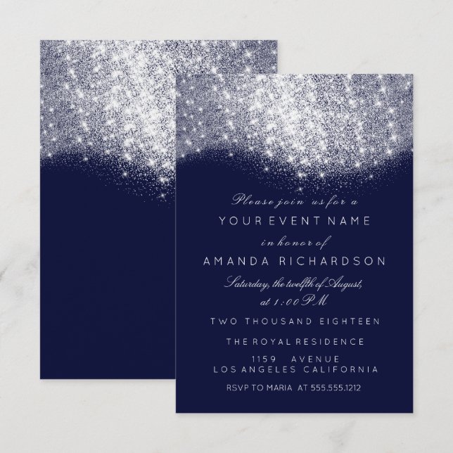 Invitación Purpurina Plata Gris Blanco Azul Marina Blanco Ele (Anverso / Reverso)