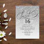 Invitación Purpurina Plata Guión Fancy Dulce 16 Cumpleaños<br><div class="desc">Celebre con estilo con estos sencillos pero muy modernos purpurinas plateados y elegantes guiones dulces invitaciones para fiestas de 16 años. Este diseño es fácil de personalizar con la redacción de su evento especial y sus invitados estarán encantados cuando reciban estas fabulosas invitaciones.</div>