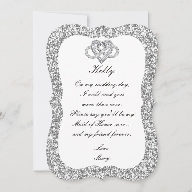 Invitación Purpurina Plata Infinity Heart Maid Of Honor Card (Anverso)