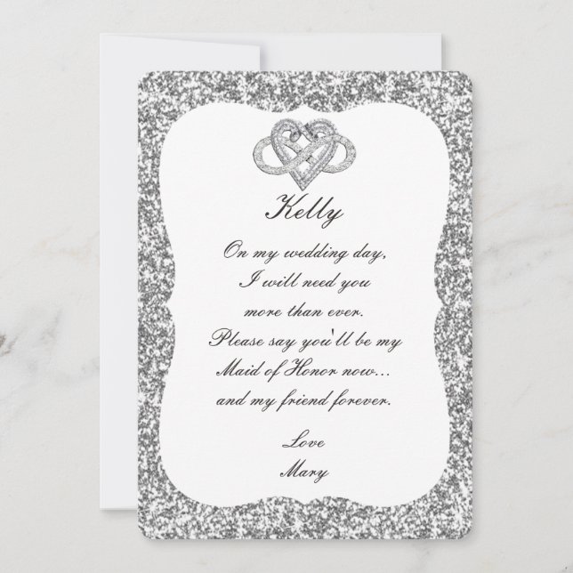 Invitación Purpurina Plata Infinity Heart Maid Of Honor Card (Anverso)