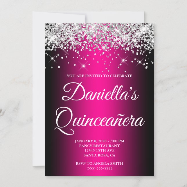 Invitación Purpurina Plata Magenta negra Ombre Quinceañera (Anverso)