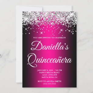 Invitación Purpurina Plata Magenta negra Ombre Quinceañera