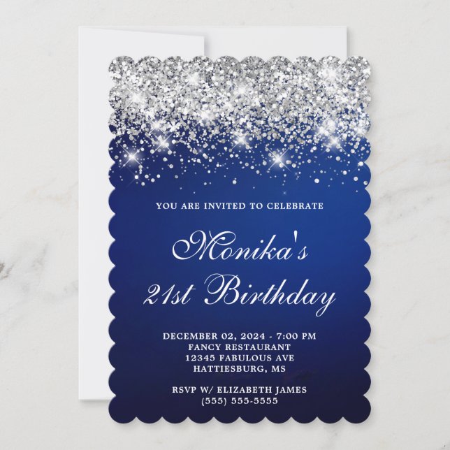 Invitación Purpurina Plata Marina Azul Ombre Negrita 21 cumpl (Anverso)
