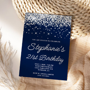 Invitación Purpurina Plata Medianoche Azul 21 cumpleaños