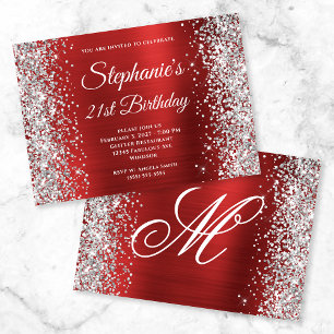 Invitación Purpurina Plata Monograma Red Fancy 21º cumpleaños