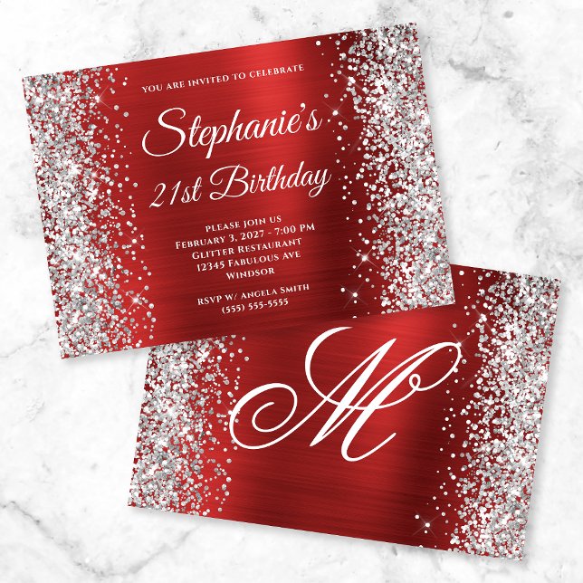 Invitación Purpurina Plata Monograma Red Fancy 21º cumpleaños (Subido por el creador)