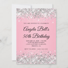 Invitación Purpurina Plata Monograma Rosa Fancy 50 cumpleaños