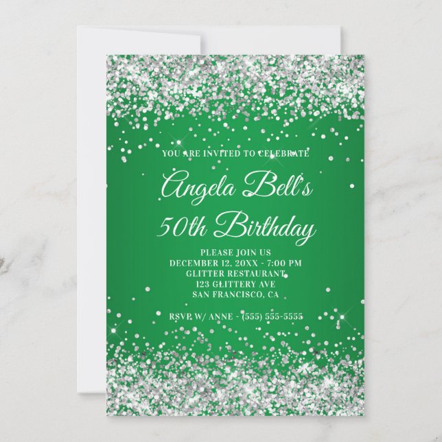 Invitación Purpurina Plata Monograma Verde Ombre 50 cumpleaño (Reverso)