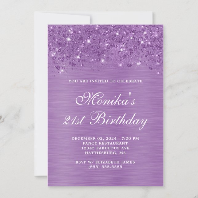 Invitación Purpurina Plata Morado Negrita 21 cumpleaños Invit (Anverso)