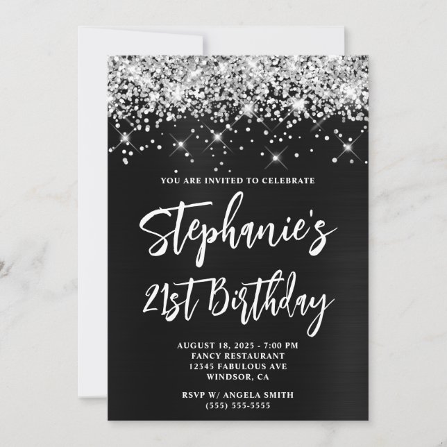 Invitación Purpurina Plata Ombre Negro Negrita 21 cumpleaños (Anverso)