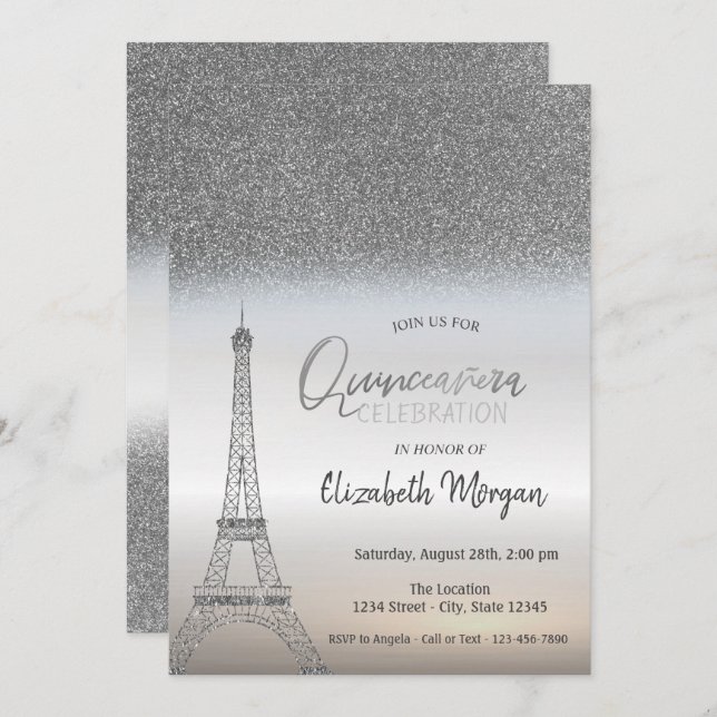 Invitación Purpurina Plata Ombre, Torre Eiffel Quinceanera (Anverso / Reverso)