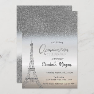 Invitación Purpurina Plata Ombre, Torre Eiffel Quinceanera
