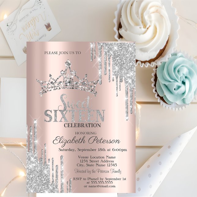 Invitación Purpurina Plata Perfora Tiara Rosa Oro Dulce 16 (Subido por el creador)