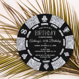 Invitación Purpurina Plata Poker Chip Casino Fiesta de cumple