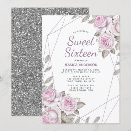 Invitación Purpurina Plata Púrpura Rosa Dulce Geométrico Diec