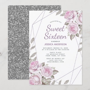 Invitación Purpurina Plata Púrpura Rosa Dulce Geométrico Diec