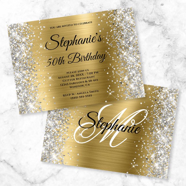 Invitación Purpurina Plata Relieve metalizado dorado Monogram (Subido por el creador)