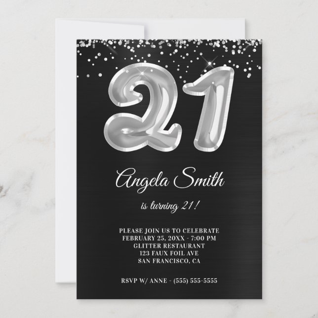 Invitación Purpurina Plata Relieve metalizado Negro Número 21 (Anverso)