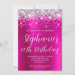 Invitación Purpurina Plata Relieve metalizado rosado caliente