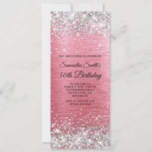 Invitación Purpurina Plata Relieve metalizado Rosado Cepillad