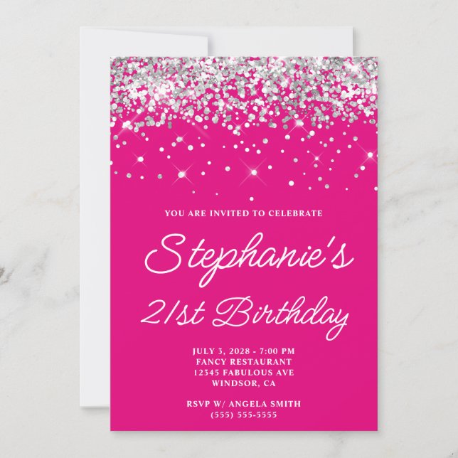 Invitación Purpurina Plata Rosa Caliente Cumpleaños 21 (Anverso)