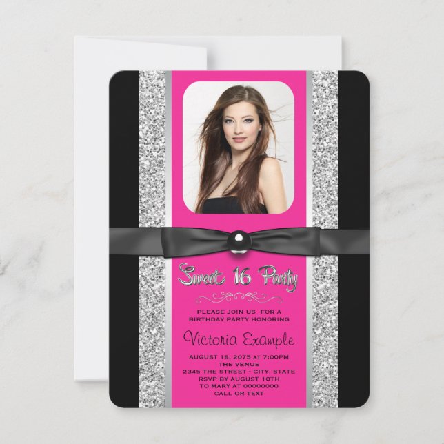 Invitación Purpurina Plata Rosa Caliente Dulce 16 Fiesta (Anverso)