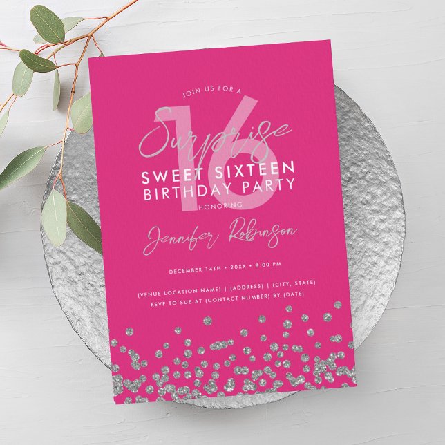 Invitación Purpurina Plata Rosa Caliente Sorpresa Dulce 16 (Hot Pink Silver Glitter Surprise Sweet 16 Invitation)