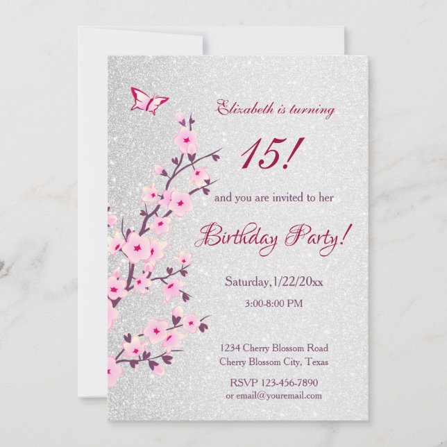 Invitación Purpurina Plata Rosa de Cerezo en Flor Cumpleaños (Anverso)