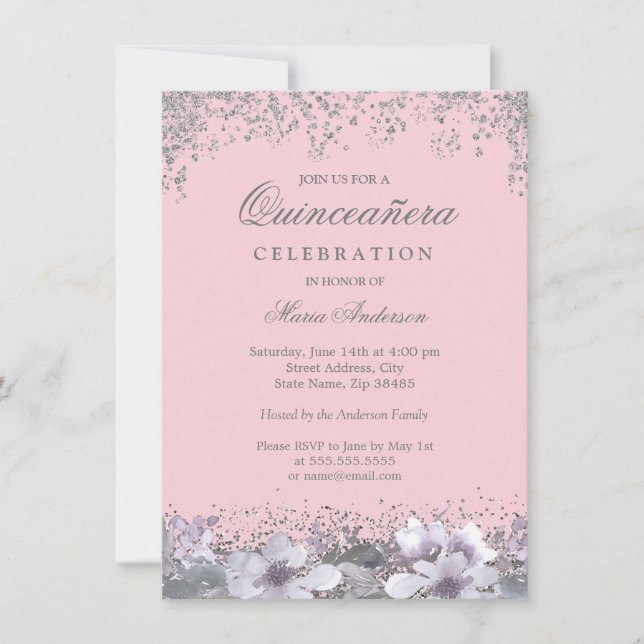 Invitación Purpurina Plata Rosa Flor Púrpura Quinceanera (Anverso)