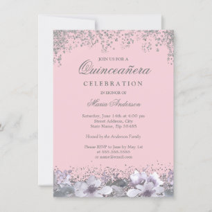 Invitación Purpurina Plata Rosa Flor Púrpura Quinceanera