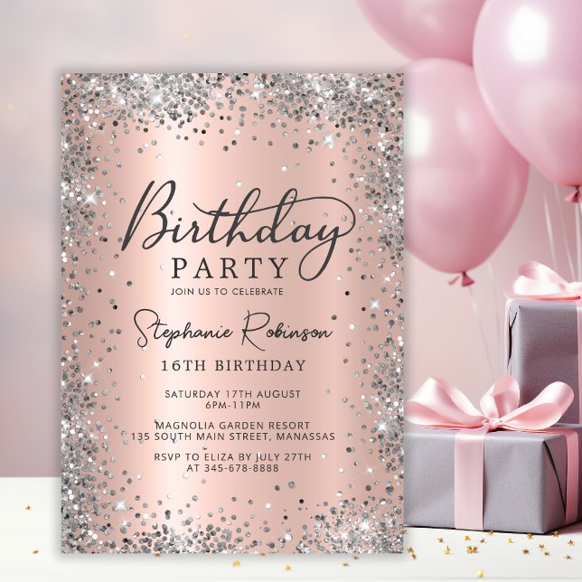 Invitación Purpurina Plata Rosa Oro Dulce 16 Cumpleaños (Subido por el creador)