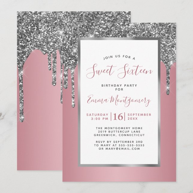 Invitación Purpurina Plata Rosa Oro Dulce 16 Fiesta de cumple (Anverso / Reverso)