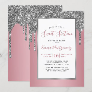 Invitación Purpurina Plata Rosa Oro Dulce 16 Fiesta de cumple