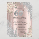 Invitación Purpurina Plata, Rosas 60 cumpleaños<br><div class="desc">Moderna,  moda y glamurosa,  con goteos en purpurina plateado y flores sobre un fondo dorado subió.</div>