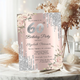 Invitación Purpurina Plata, Rosas 60 cumpleaños