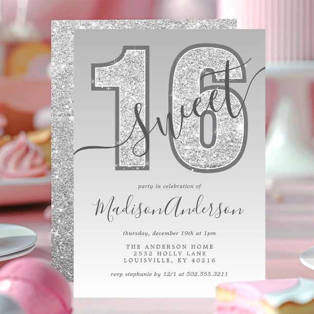 Invitación Purpurina Plata Script Dulce dulce 16 Fiesta de cu (Subido por el creador)