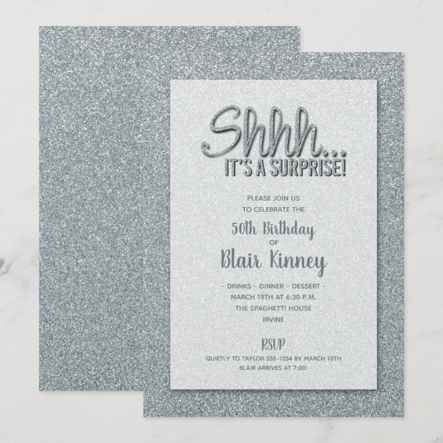 Invitación Purpurina Plata SORPRESA Cumpleaños (Anverso / Reverso)