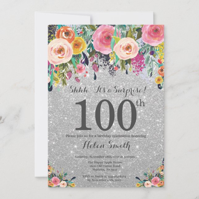 Invitación Purpurina Plata Sorpresa Floral 100 cumpleaños (Anverso)