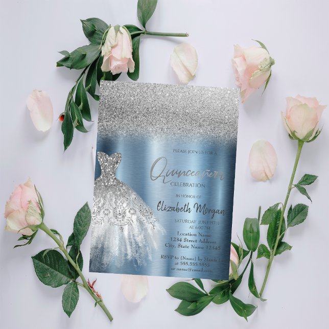 Invitación Purpurina Plata Vestido Azul Metálico Quinceañera (Subido por el creador)