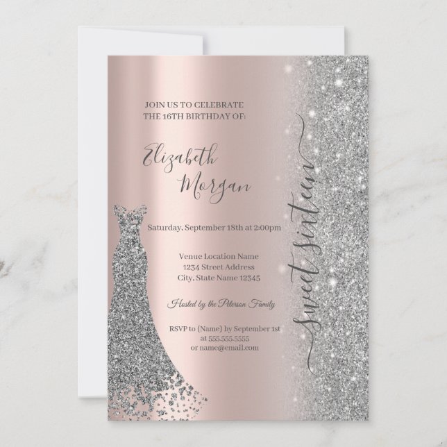 Invitación Purpurina Plata Vestido de diamante Rosa Dulce de  (Anverso)