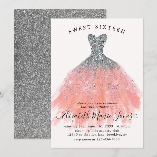 Invitación Purpurina Plata Vestido Dulce 16º Cumpleaños (Anverso / Reverso)